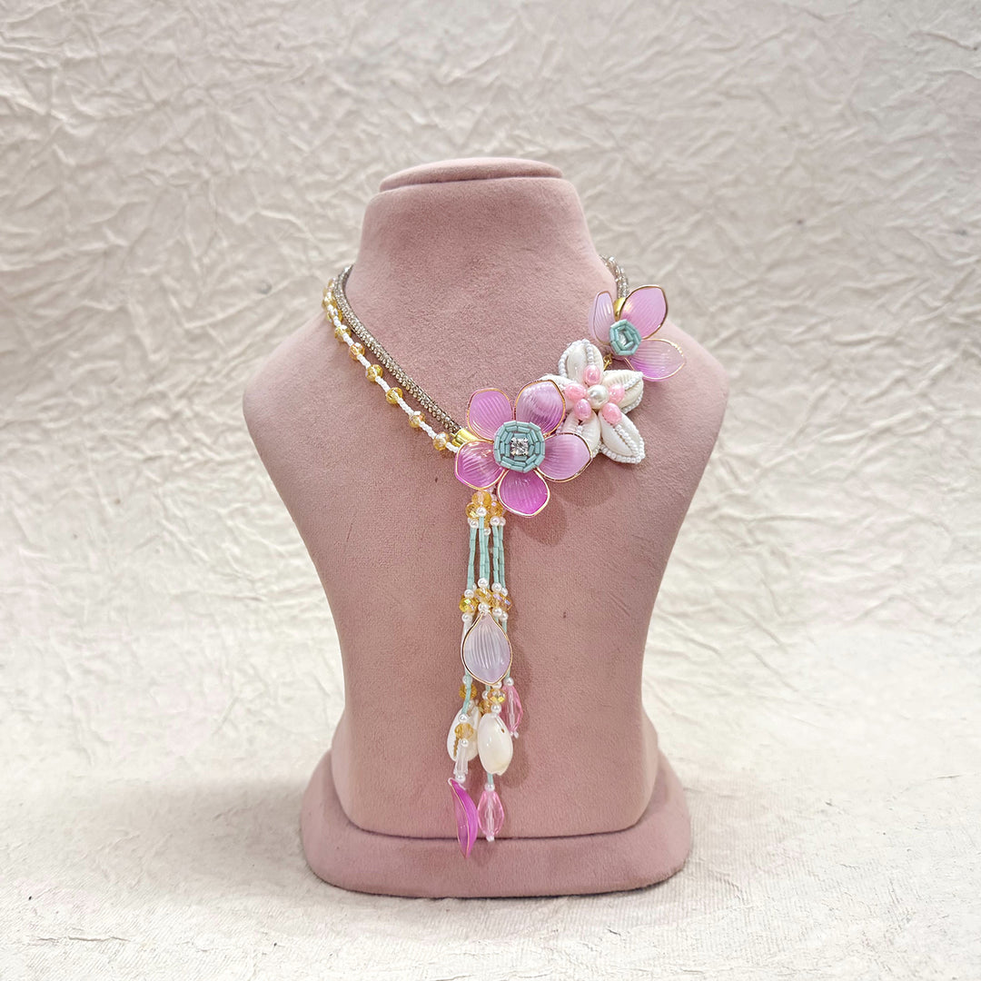 THE PINK & TURQUOISE PETALS SET (EARRING, EARCHAIN, NECKLACE, HATHPHOOL, KALEERA)